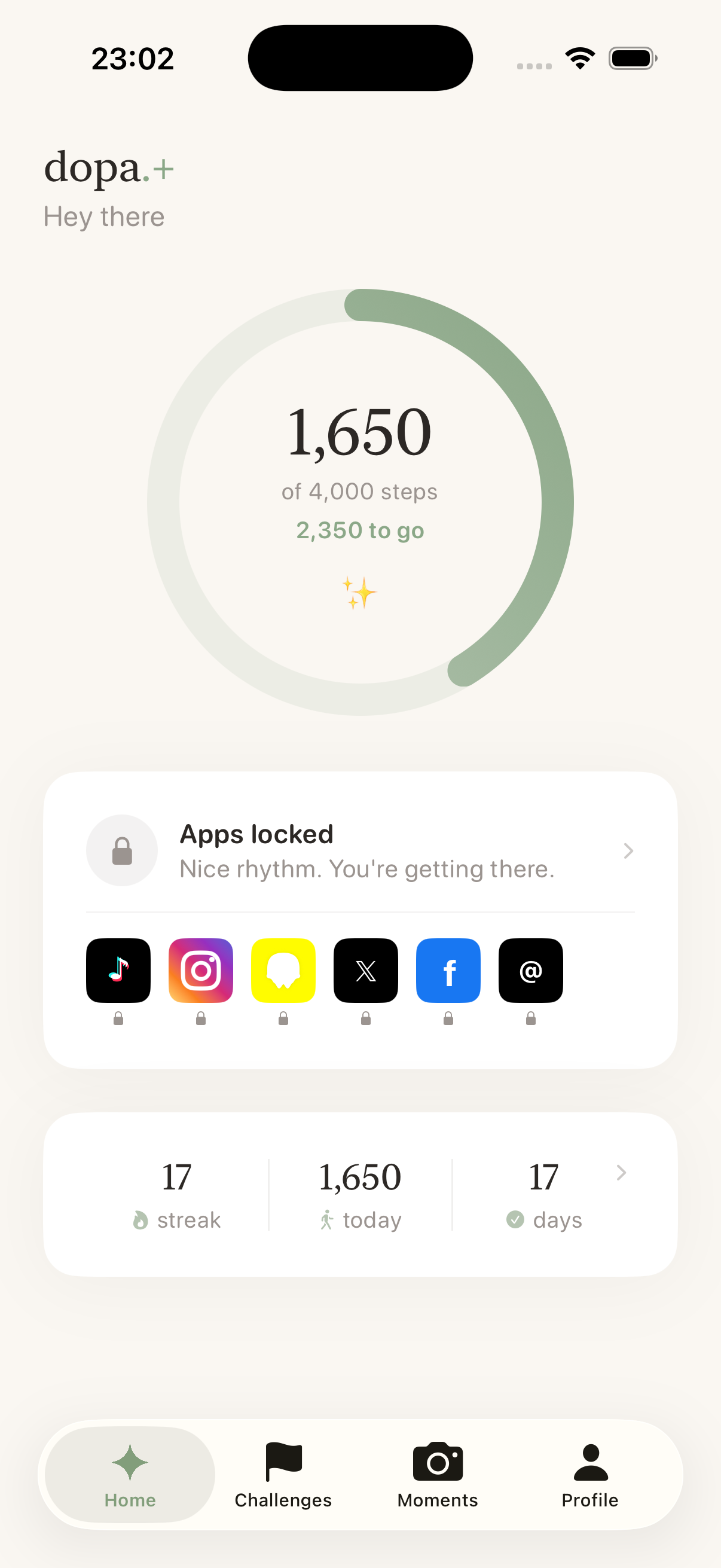 dopa app dashboard showing step progress ring, locked apps, and daily stats
